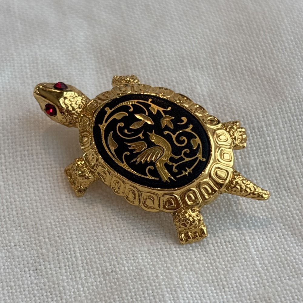 Damascene Turtle Brooch Etched Black Gold Birds & Flowers Toledo Spain 1.5" - Picture 2 of 9